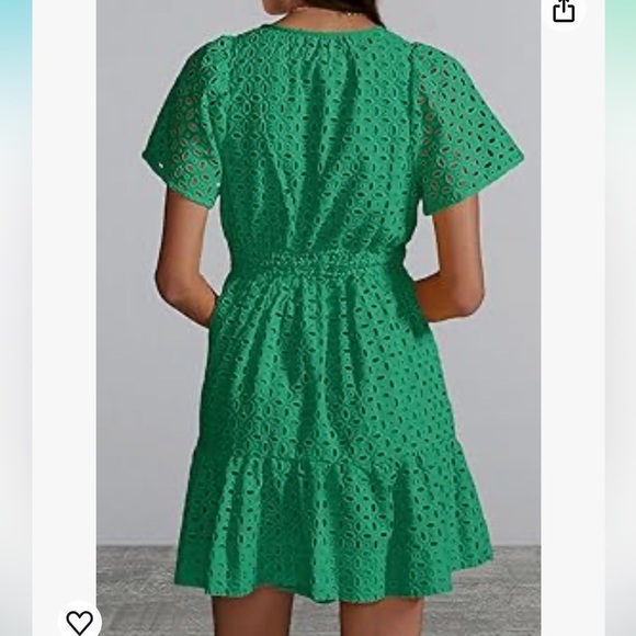 green Summer Short Dress V Neck Short Sleeve A Line Hollow Out Lace Ruffle - Picture 2 of 10